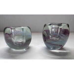 Hand Blown Glass Candle Holder with Blue Purple Swirl Accent Set of 2